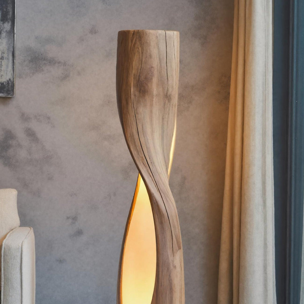 Twisted Floor Lamp, Sculptural Carved Wood Standing Lamp for Bedroom