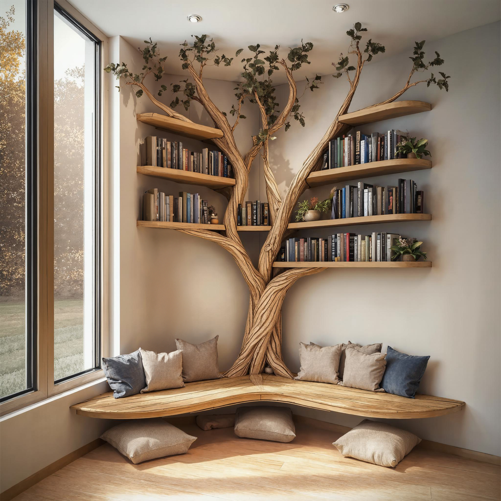 Corner Bench with Tree Bookshelf, L-Shaped Reading Nook Seating