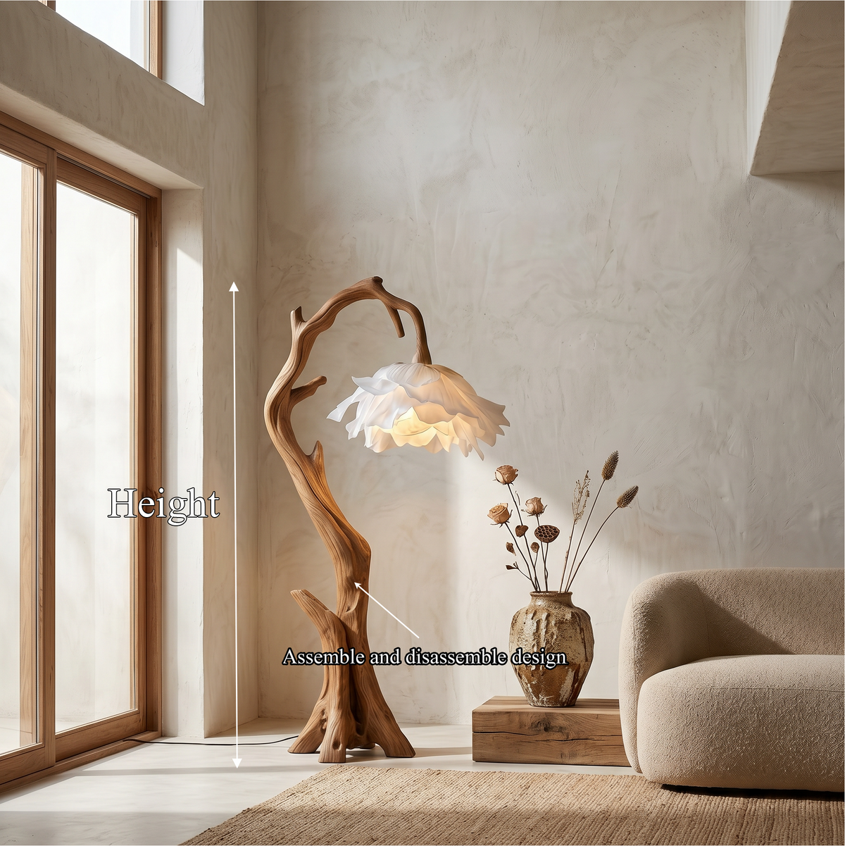 Flower Floor Lamp, Floral Shade Standing Light with Solid Wood Base