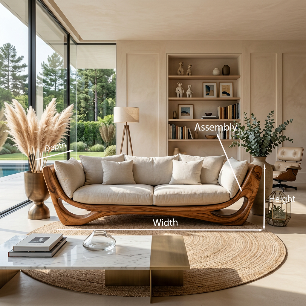 Wood Frame Sofa, Modern Sculptural Solid Wood Couch with Cushions