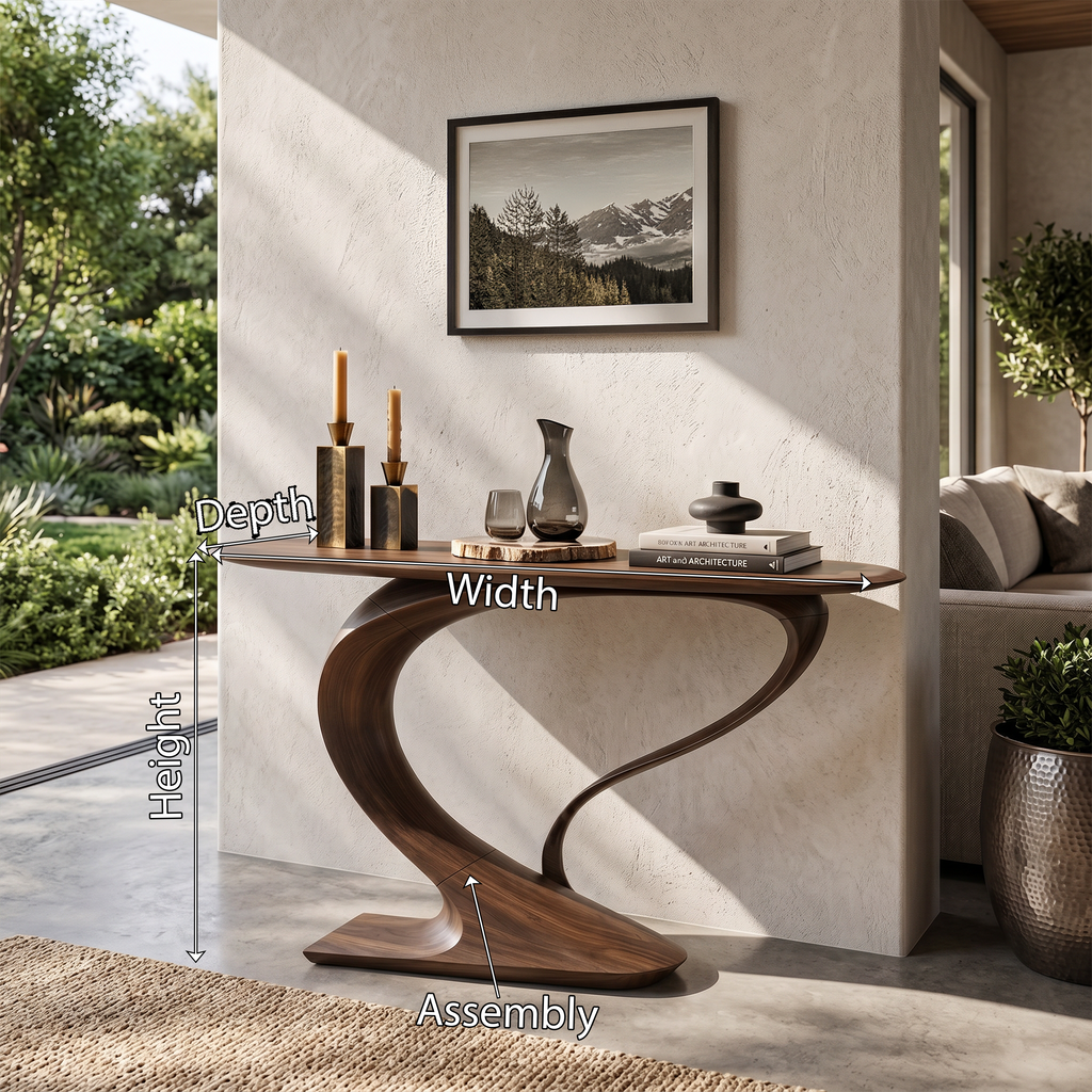 Curved Console Table, Contemporary Sculptural Solid Wood Design