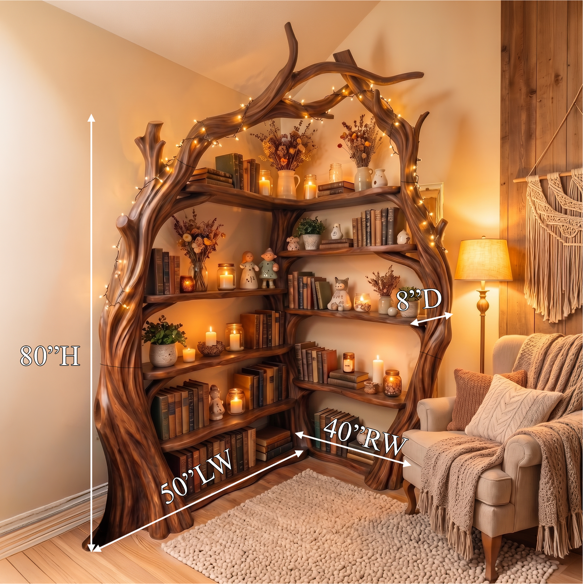 Corner Tree Bookshelf, Tall Wooden Branch Bookcase for Living Room