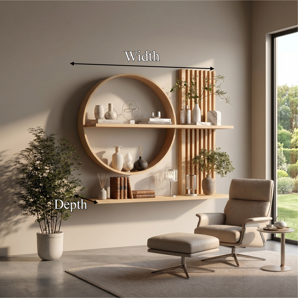 Japandi Wall Shelf, Round Slatted Solid Wood Floating Display Shelf