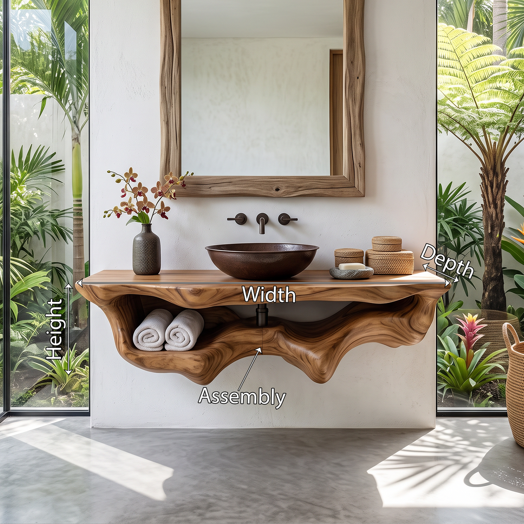 Live Edge Floating Vanity Shelf, Mid Century Wood Bathroom Counter