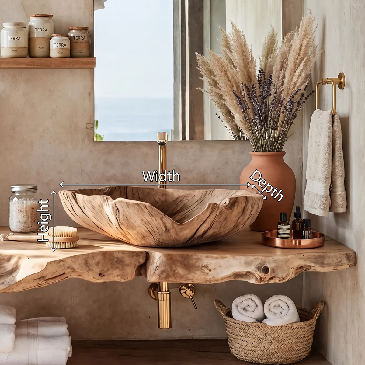 Wooden Vessel Sink, Farmhouse Hand Carved Solid Wood Bathroom Basin