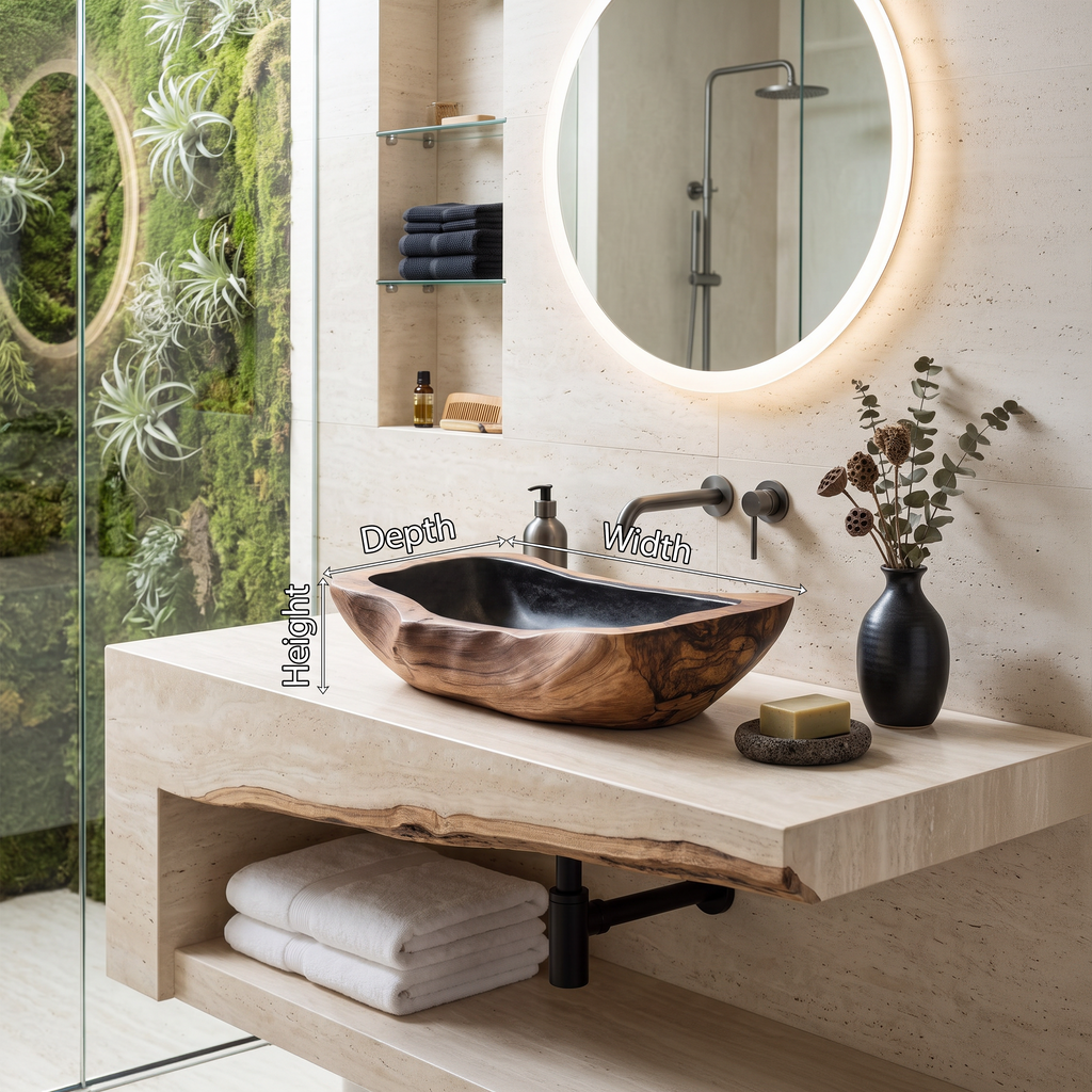 Wooden Vessel Sink, Farmhouse Rustic Hand-Carved Bathroom Basin