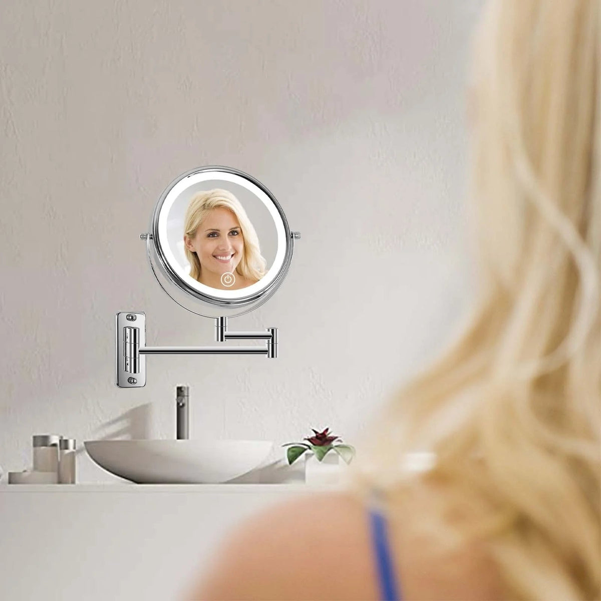 8 Inch Round Wall-Mounted Makeup Mirror, Rechargeable, 1X/10X Magnification, 3-Color LED Lights