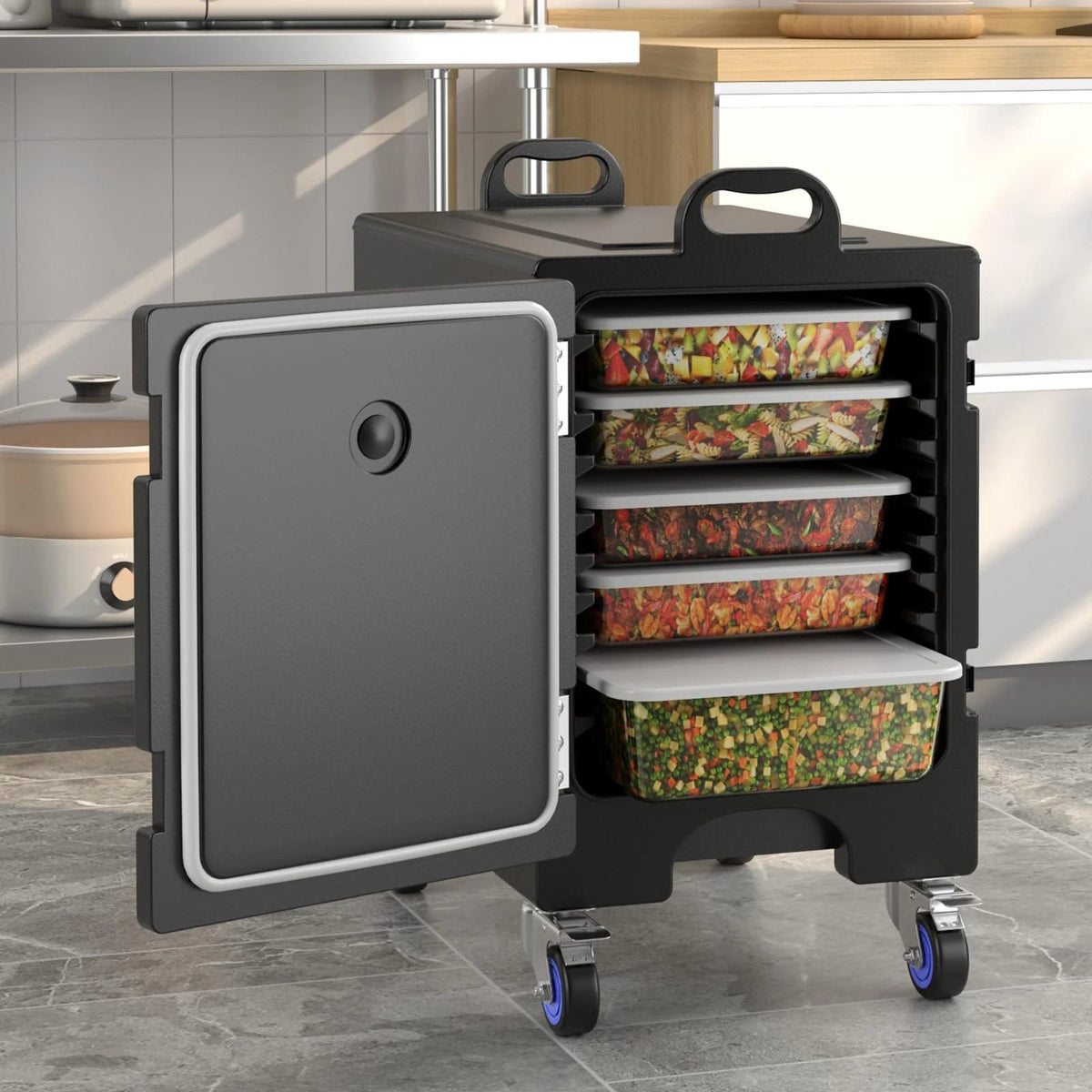 Insulated Food Pan Carrier, 81 Quart, 5 Full-Size Pans, Black