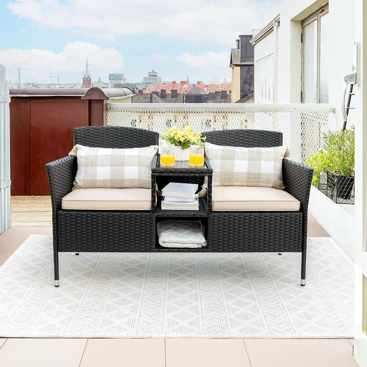 Flamaker Outdoor Wicker Patio Loveseat With Built-In Table And Cushions, Beige - 49.2 x 21.3 x 30.9 in