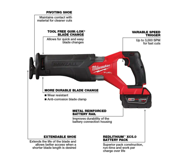 Milwaukee M18 FUEL 18V Lithium-Ion Brushless Cordless Reciprocating Saw Kit With One 5.0 Ah Battery, Charger And Case - 2821-21