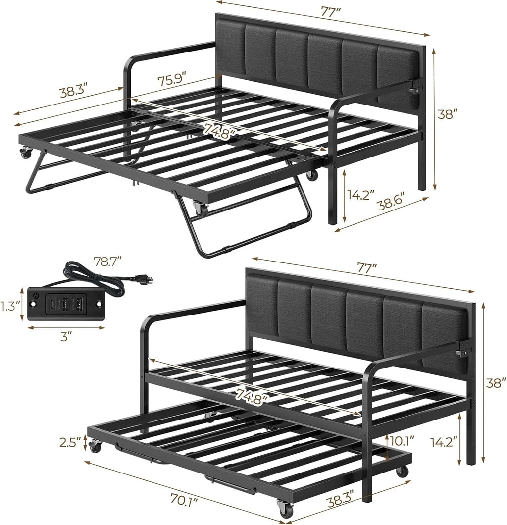 Rolanstar Twin Height-Adjustable Metal Daybed With Trundle, Charging Station And LED Lights