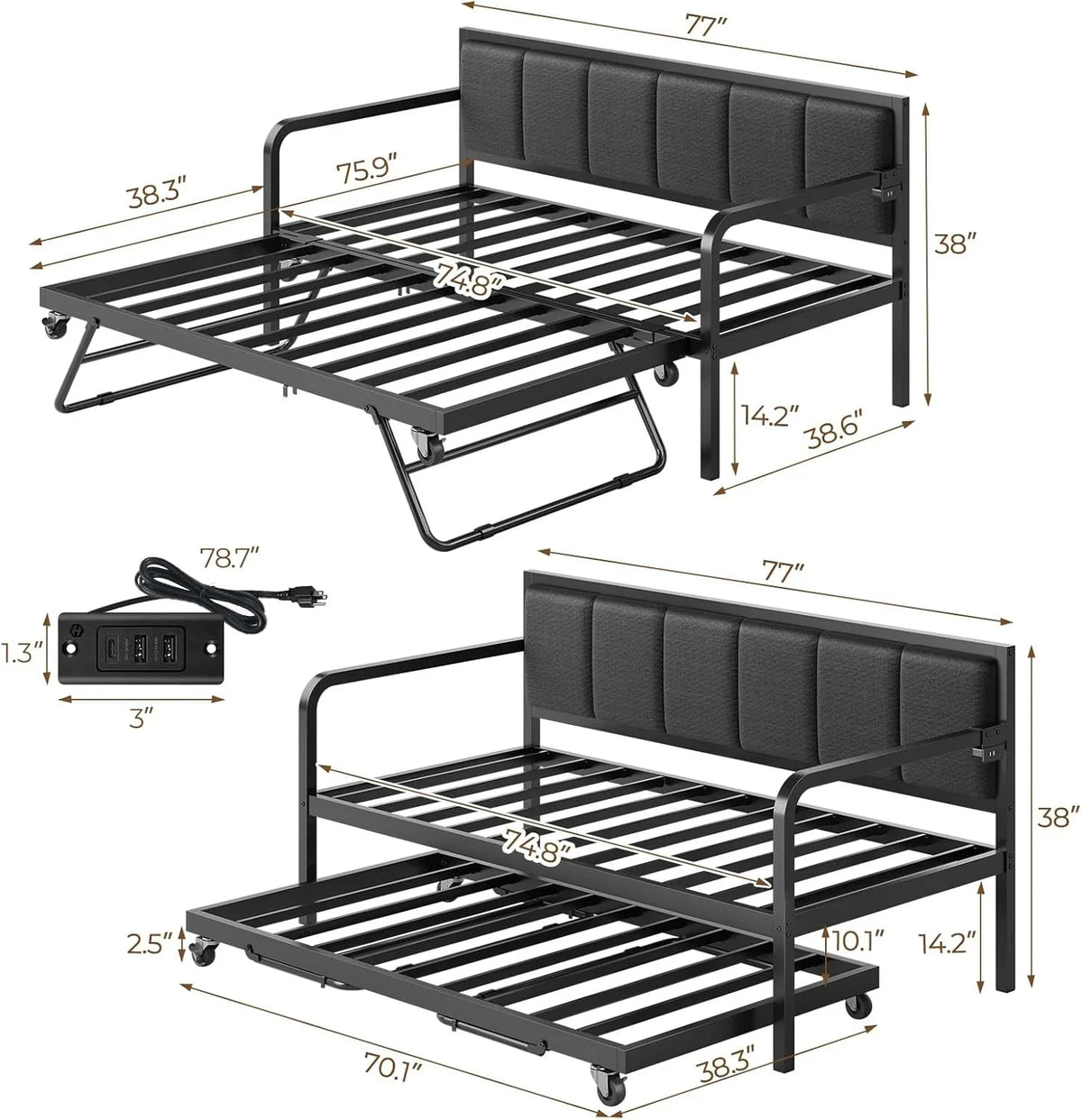Rolanstar Twin Height-Adjustable Metal Daybed With Trundle, Charging Station And LED Lights