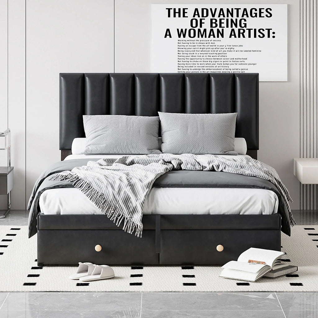 Roomfitters Full Size Upholstered Platform Bed With Hydraulic Storage System, 2 Drawers, Black - 78in L x 60.6in W x 37.8in H