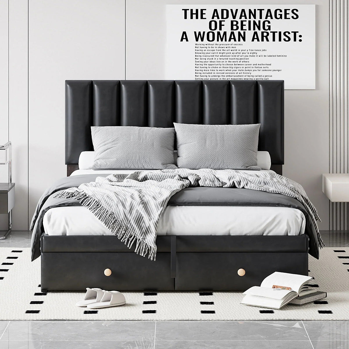 Roomfitters Full Size Upholstered Platform Bed With Hydraulic Storage System, 2 Drawers, Black - 78in L x 60.6in W x 37.8in H