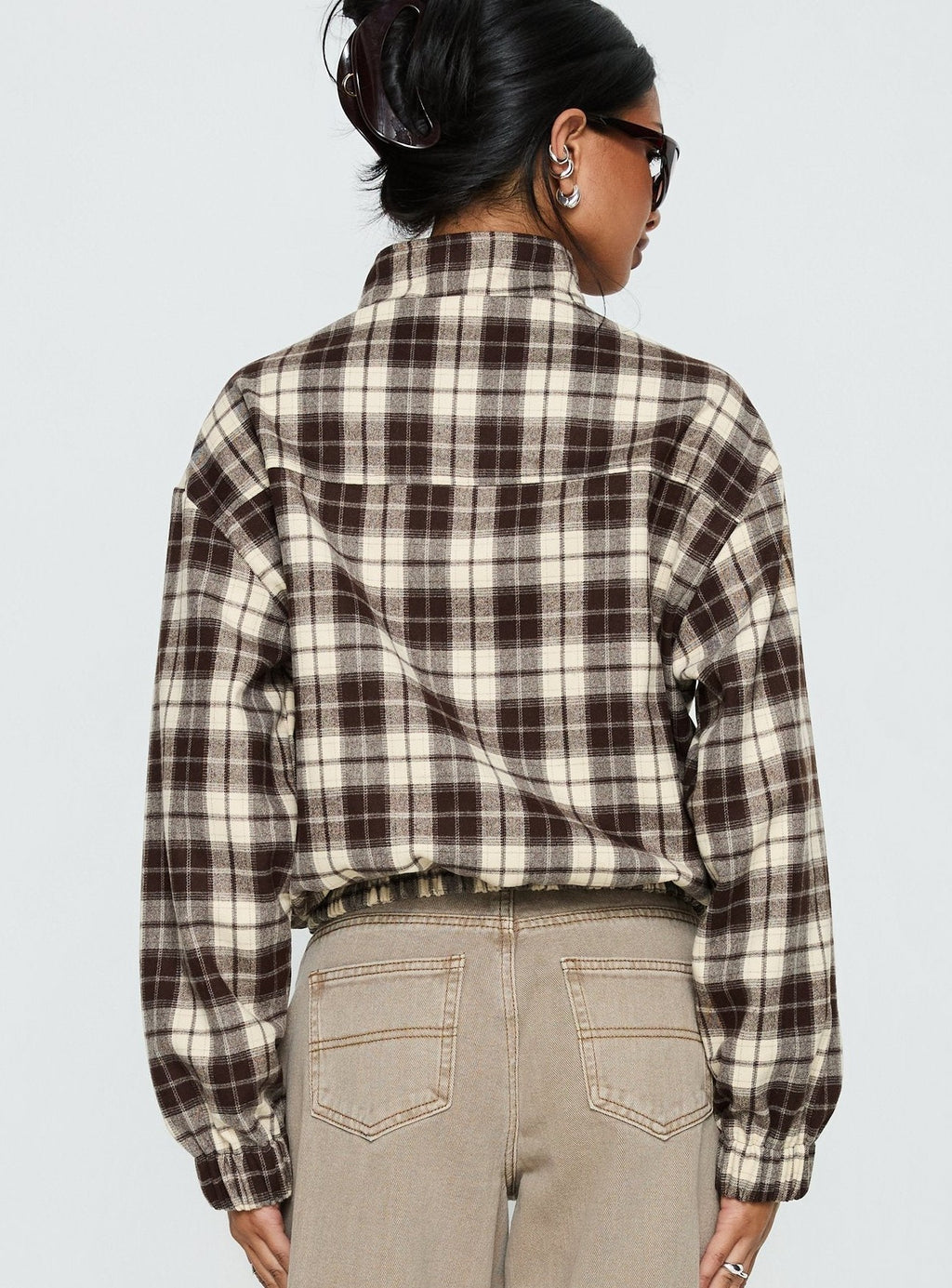 Funnel Neck Button Down Jacket Brown Check