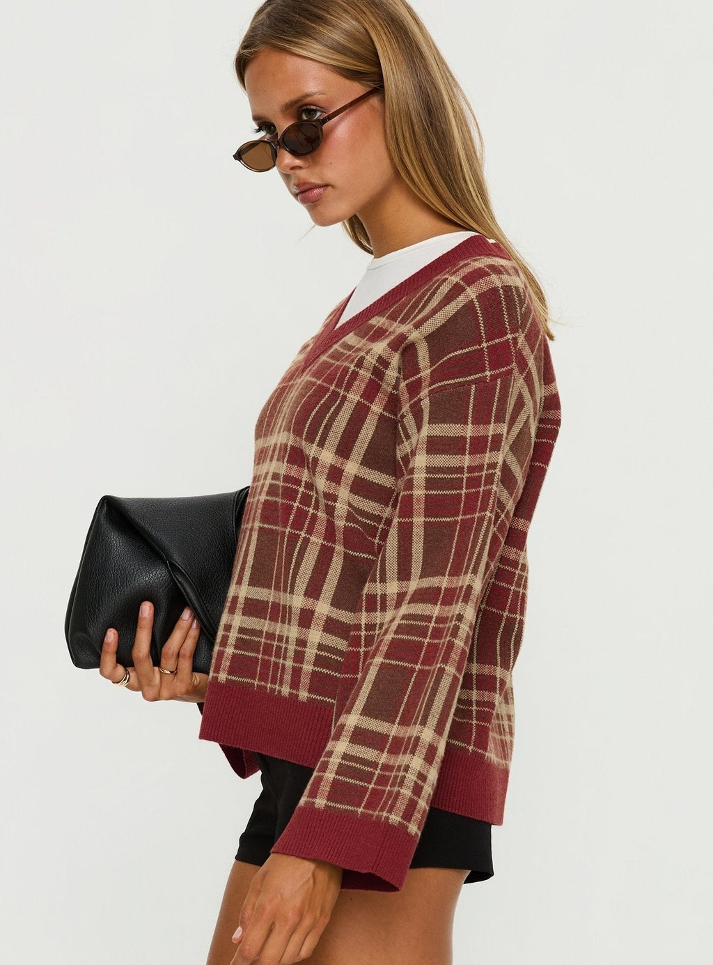 V Neck Knit Sweater Red Plaid