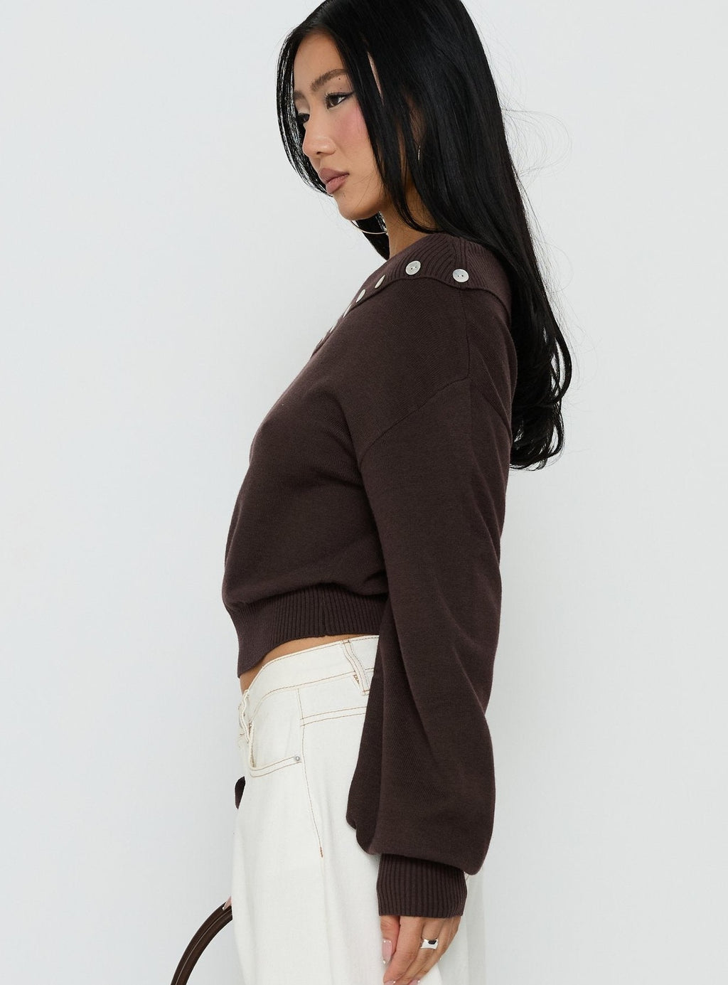 Off Shoulder Foldover Sweater Brown