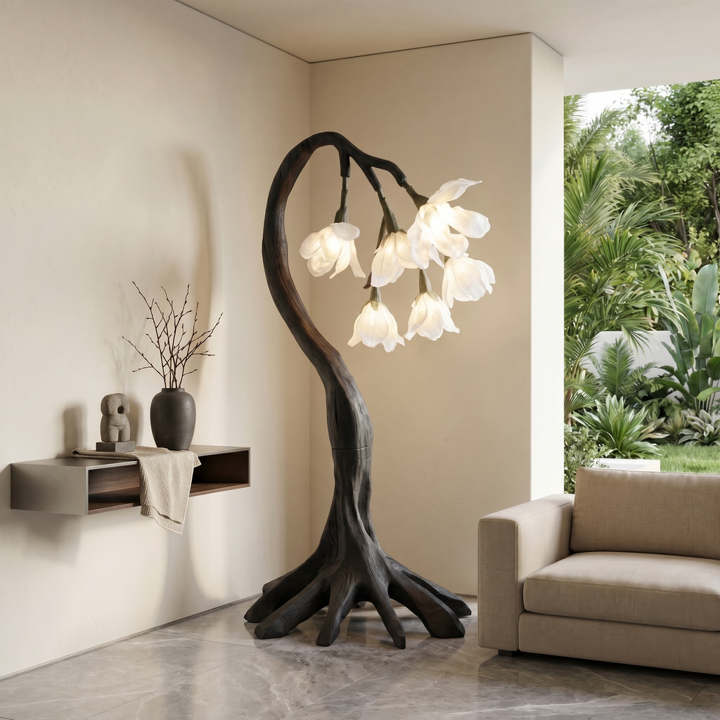 Flower Petal Floor Lamp, Sculptural Solid Wood Base Botanical Lighting