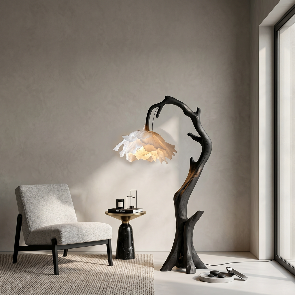 Flower Floor Lamp, Floral Shade Standing Light with Solid Wood Base