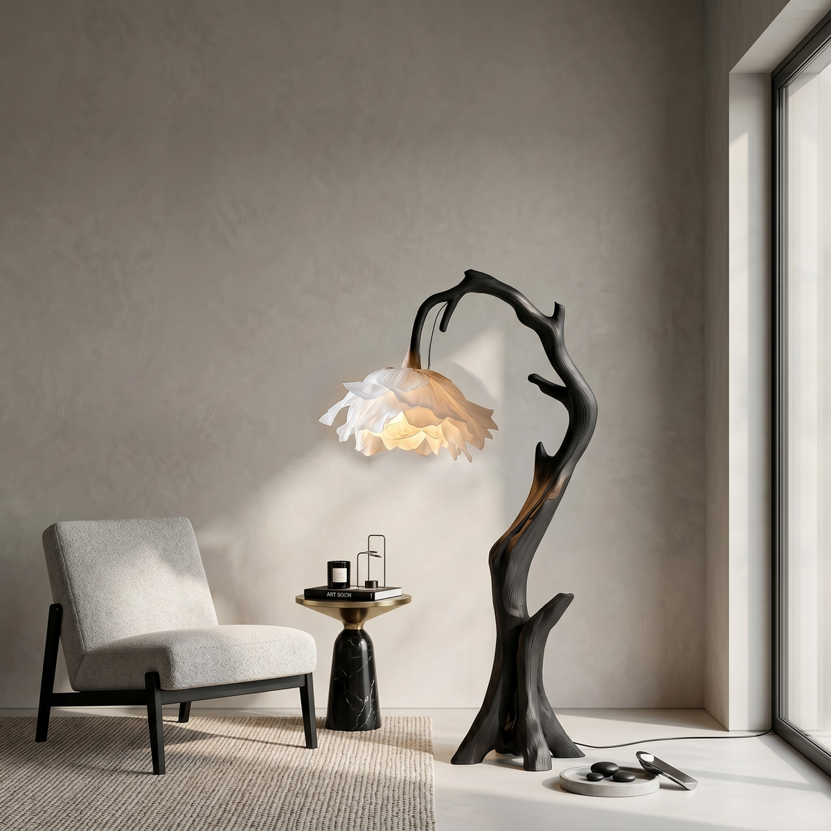 Flower Floor Lamp, Floral Shade Standing Light with Solid Wood Base