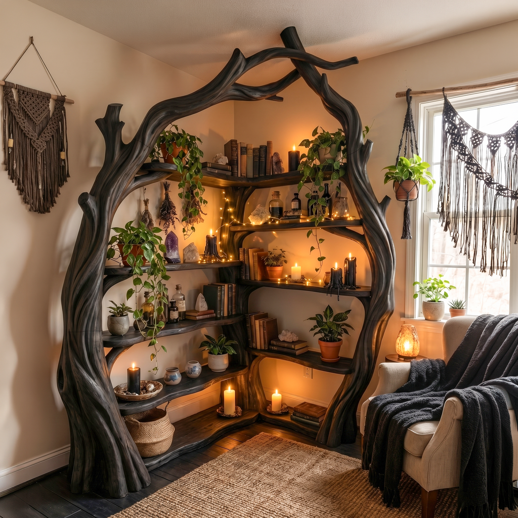 Corner Tree Bookshelf, Tall Wooden Branch Bookcase for Living Room