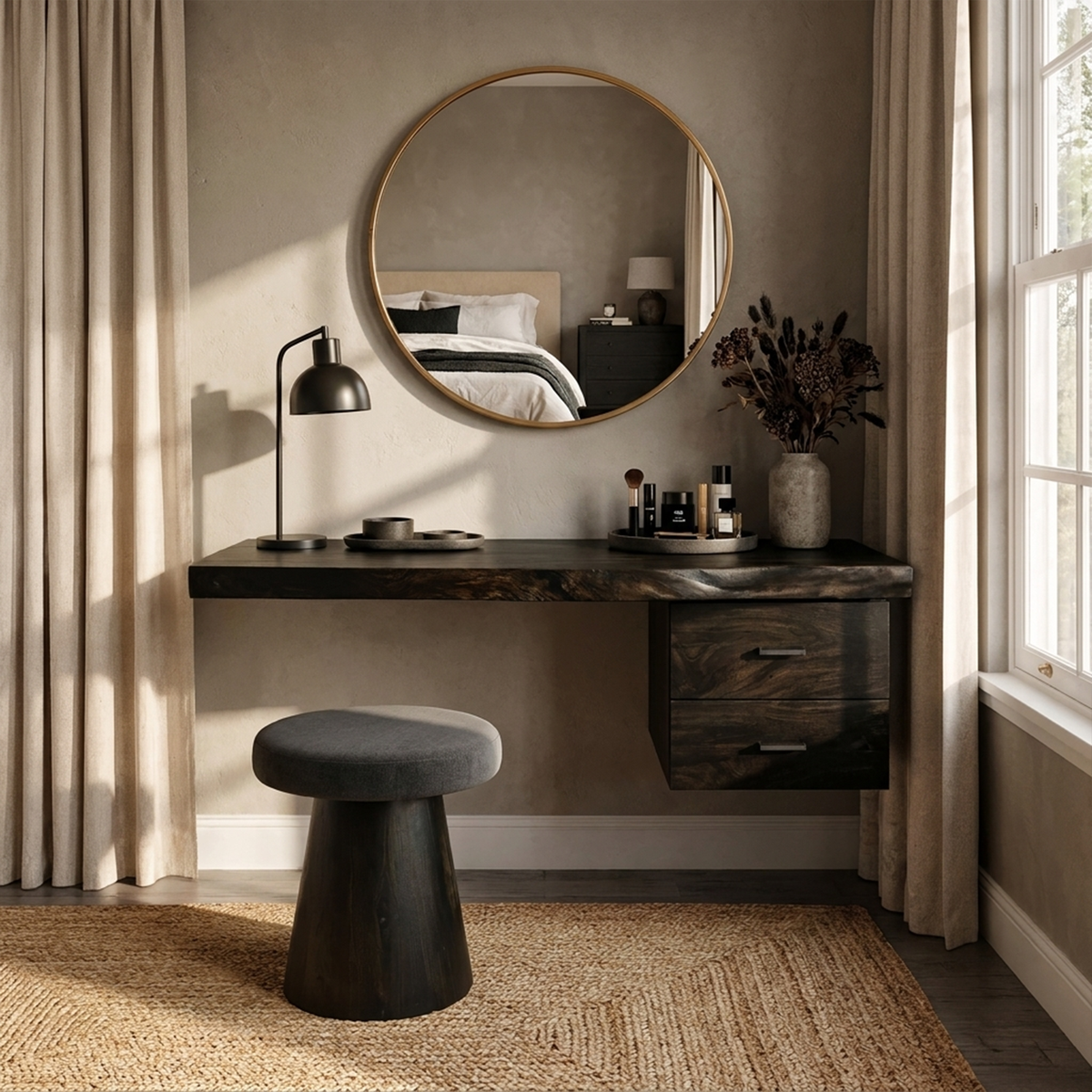 Floating Dressing Table with Drawer, Modern Organic Solid Wood Vanity