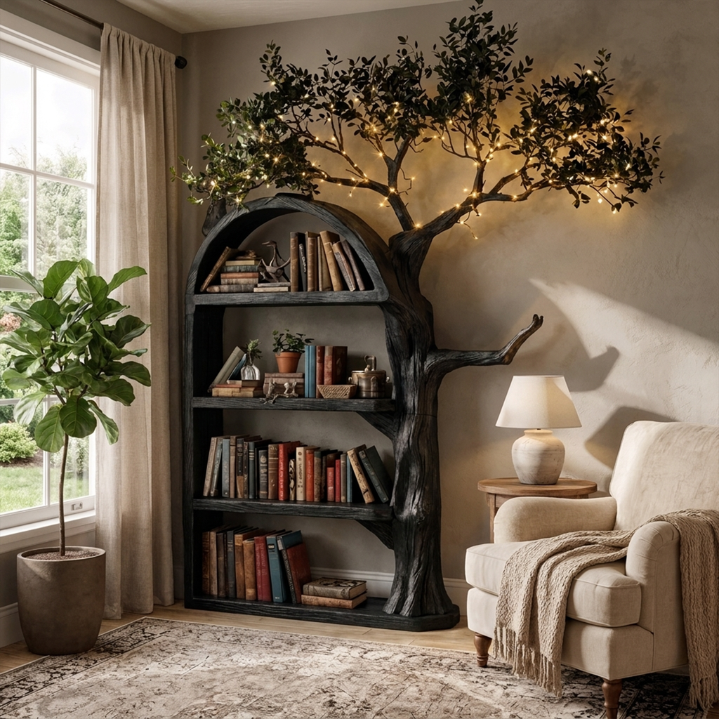 Rustic Tree Bookshelf, Wall Mounted Branch Display for Living Room