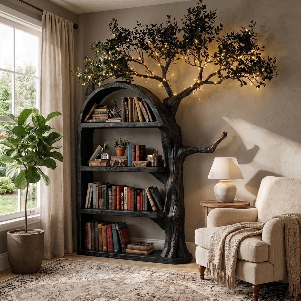 Rustic Tree Bookshelf, Wall Mounted Branch Display for Living Room