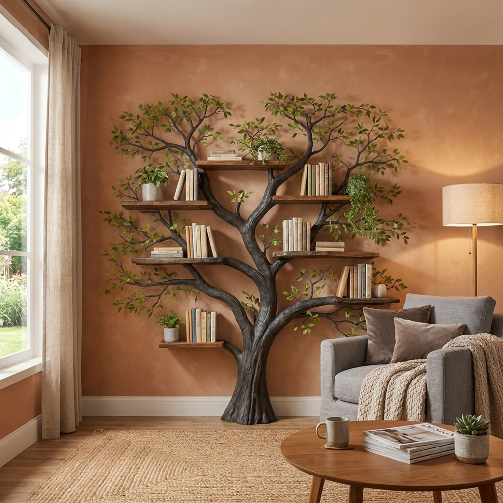 Wall Mounted Tree Bookcase, Floating Branch Display Shelf in Wood