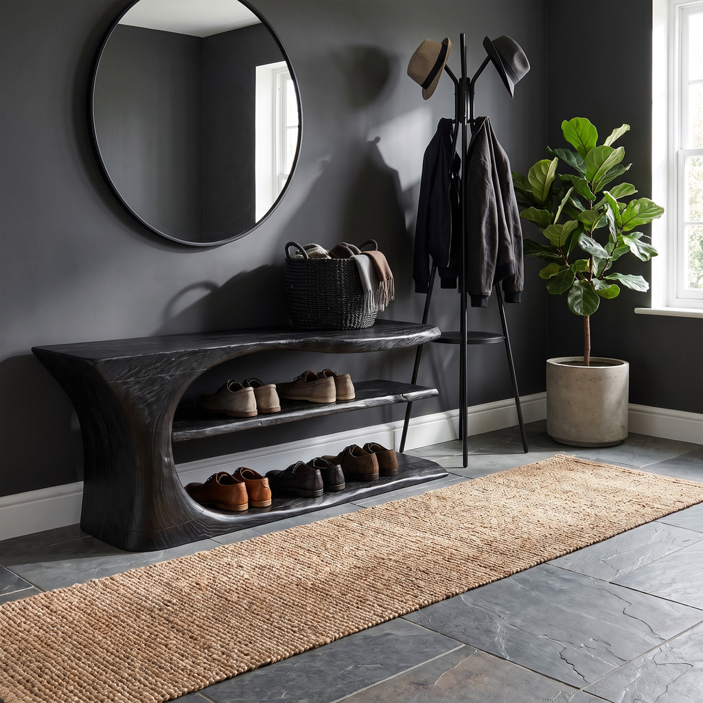 Shoe Storage Bench, Mid Century Handcrafted Solid Wood Entryway Seat