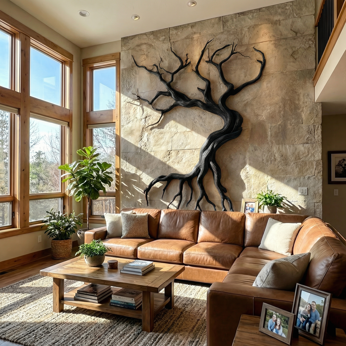 Tree Branch Wall Sculpture, Carved Hand and Clover Wood Wall Art