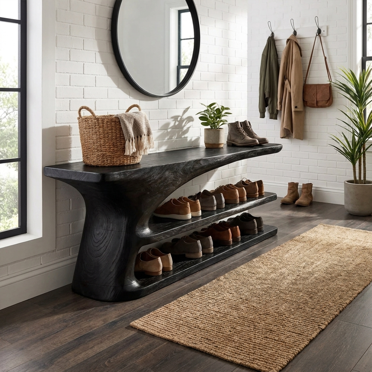 Hallway Shoe Bench, Mid Century Natural Wood Storage Bench