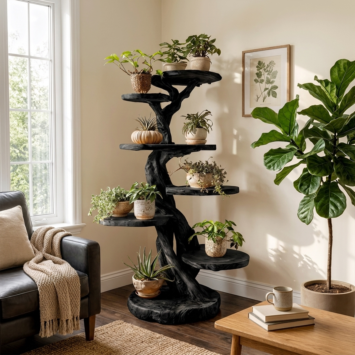 Rustic Tree Plant Shelf Solid Wood Branch Stand for Indoor Plants