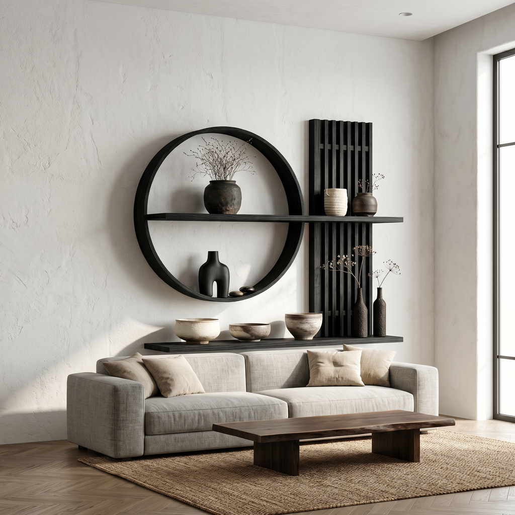 Japandi Wall Shelf, Round Slatted Solid Wood Floating Display Shelf