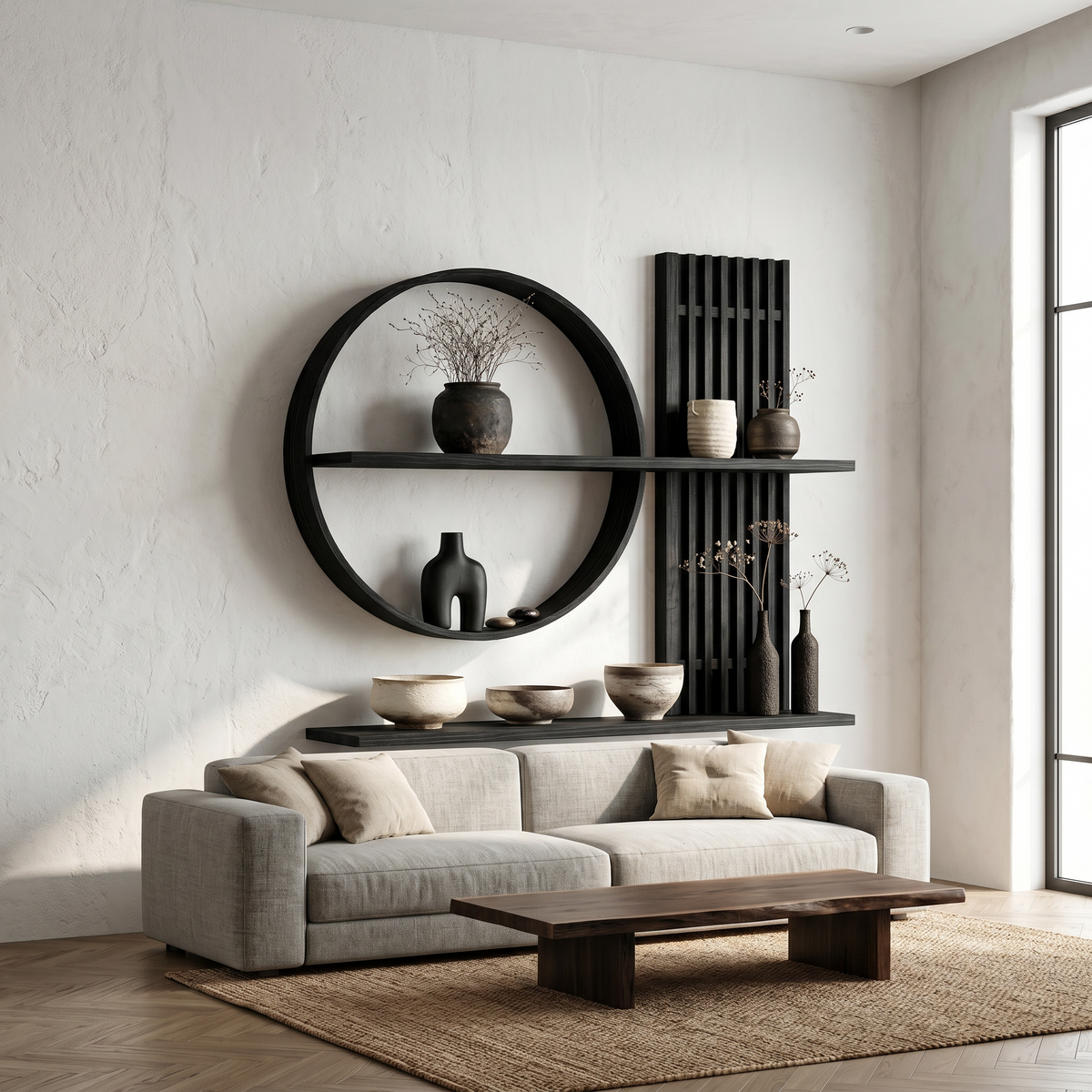 Japandi Wall Shelf, Round Slatted Solid Wood Floating Display Shelf
