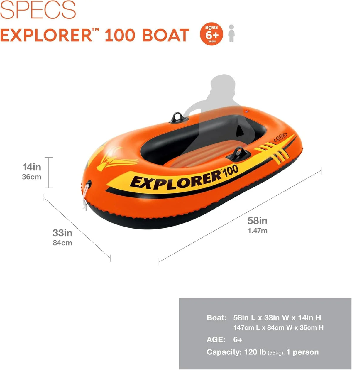 Intex 2-Person Inflatable Boat, 73in L x 37in W, Orange PVC - Explorer 300 Set