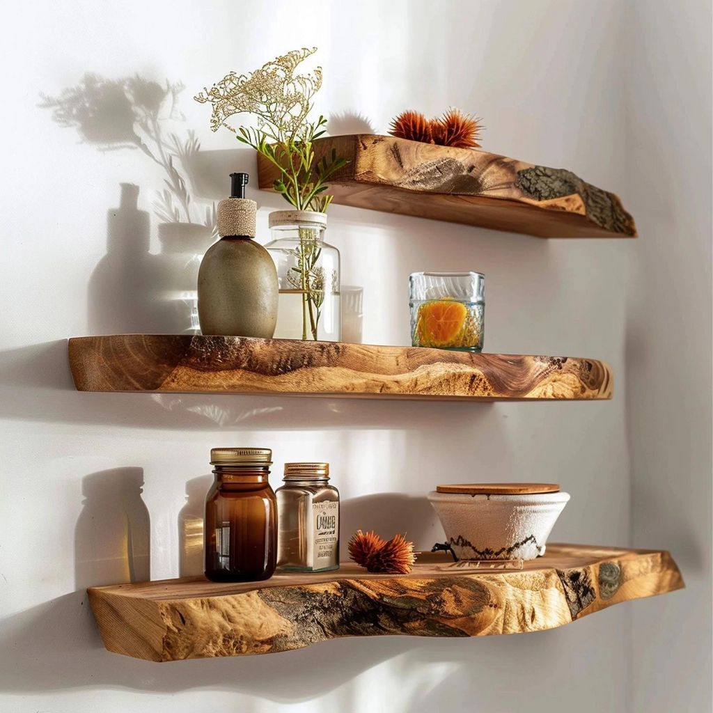 Custom Live Edge Floating Shelf, Dark Brown Wood Wall Shelf