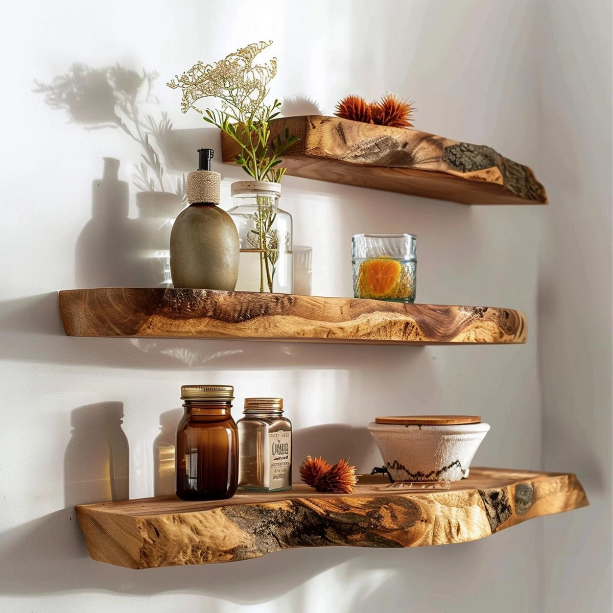 Custom Live Edge Floating Shelf, Dark Brown Wood Wall Shelf