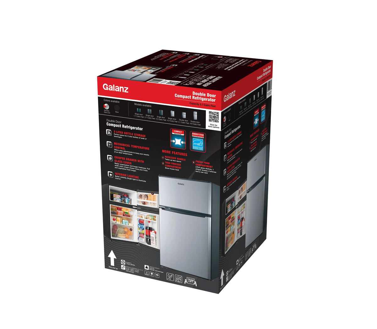 Galanz Two Door Mini Fridge, 3.1 Cu Ft, Black