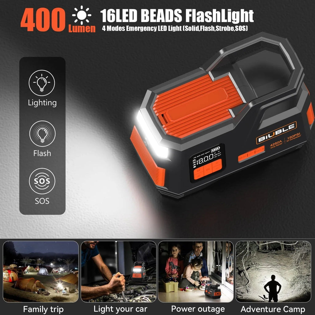 Biuble Car Jump Starter With Air Compressor, 4500A Peak, 26800mAh, 12V, 150PSI - JS006