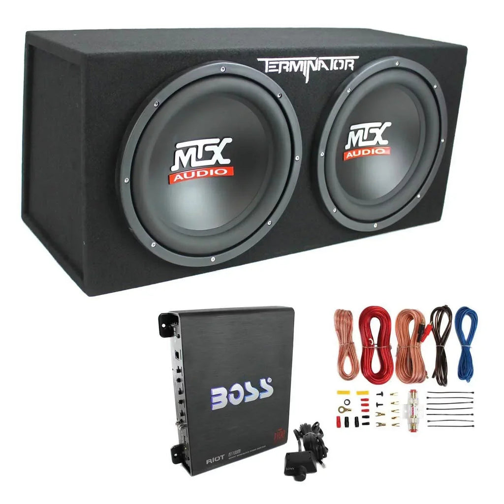 MTX Dual Loaded Car Subwoofer Enclosure 12 Inch 1200W With Boss R1100M Amplifier And Soundstorm AKS8 Kit - TNE212D