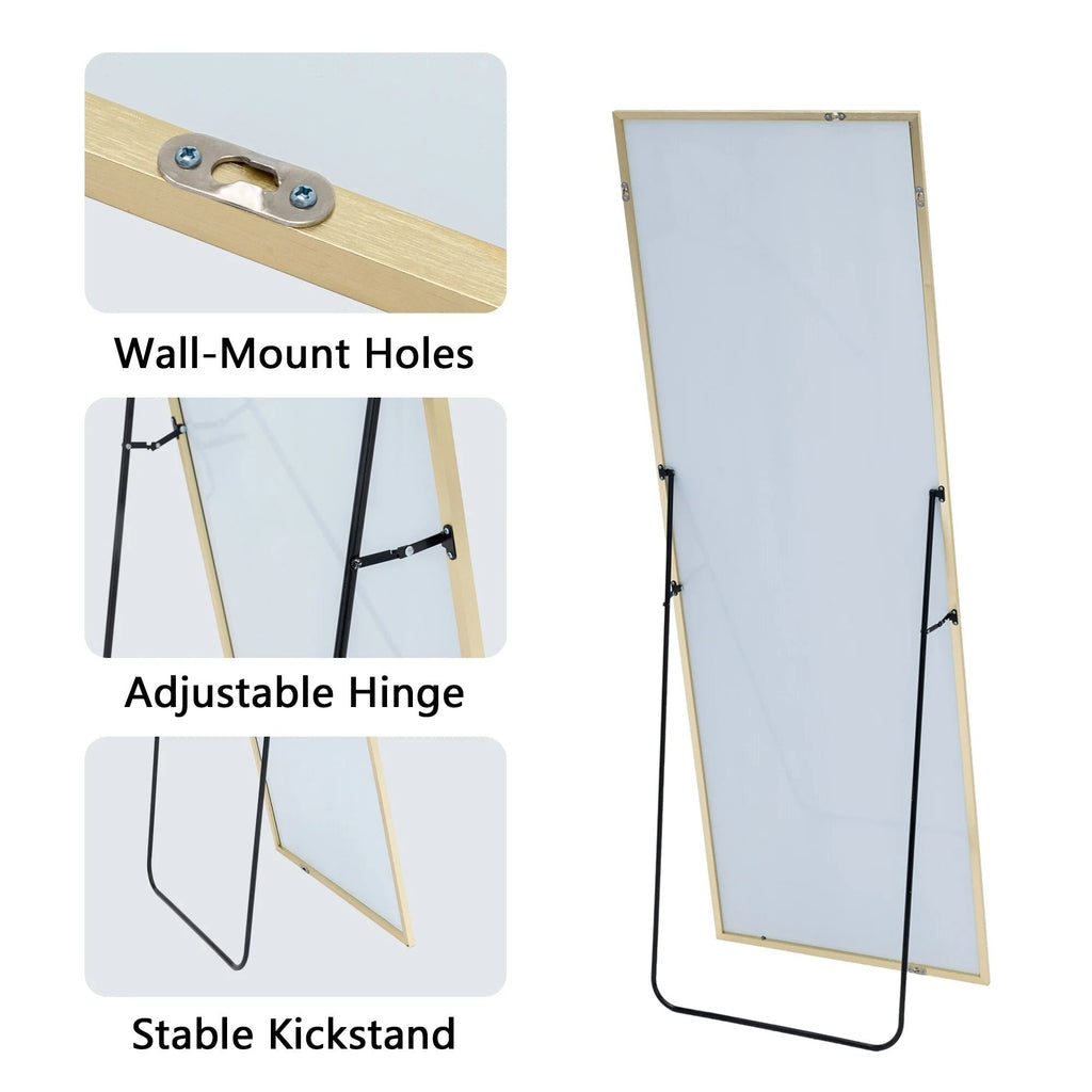 Full-Length Floor Mirror 64x21, Aluminum Alloy Frame With Stand And Wall Mount Option