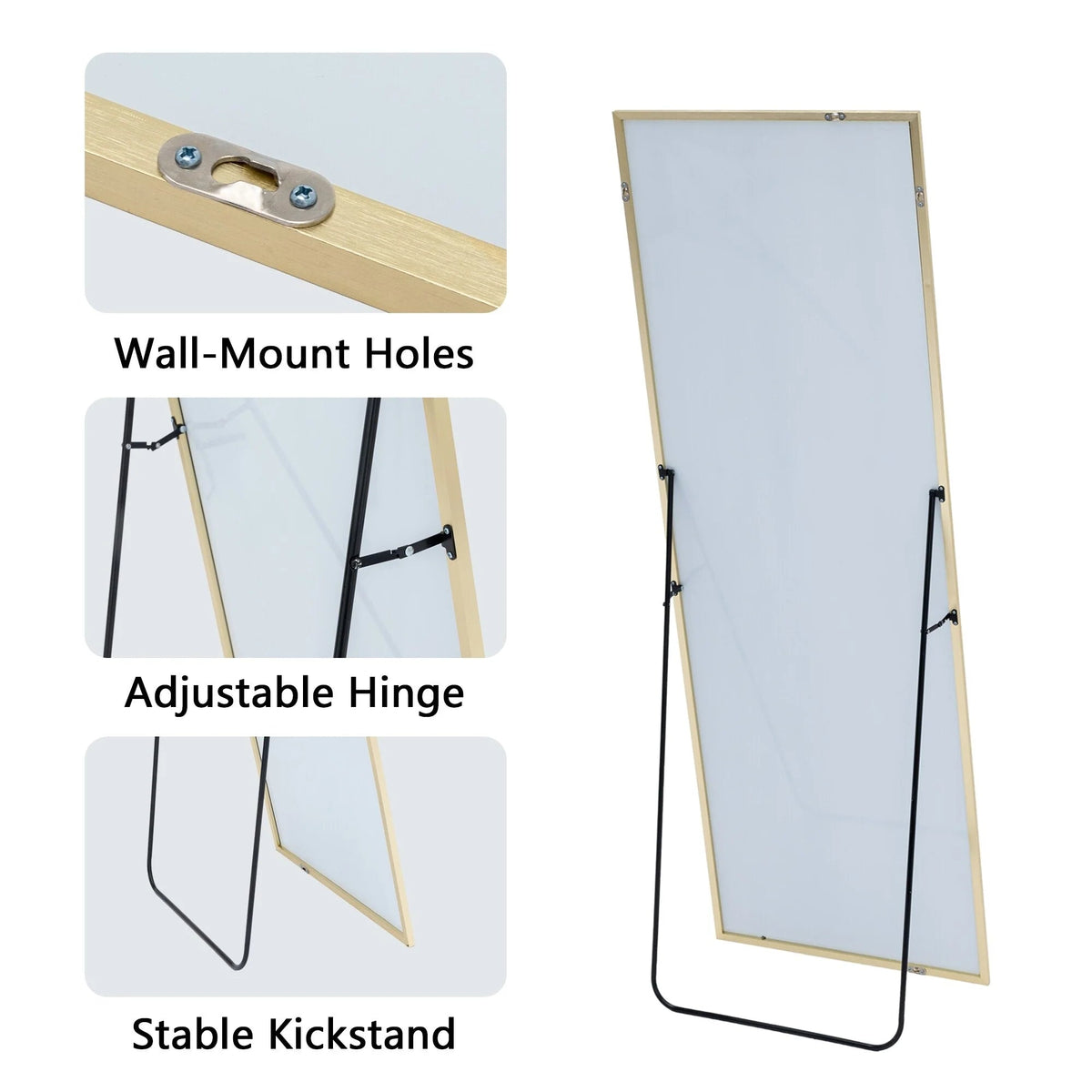 Full-Length Floor Mirror 64x21, Aluminum Alloy Frame With Stand And Wall Mount Option