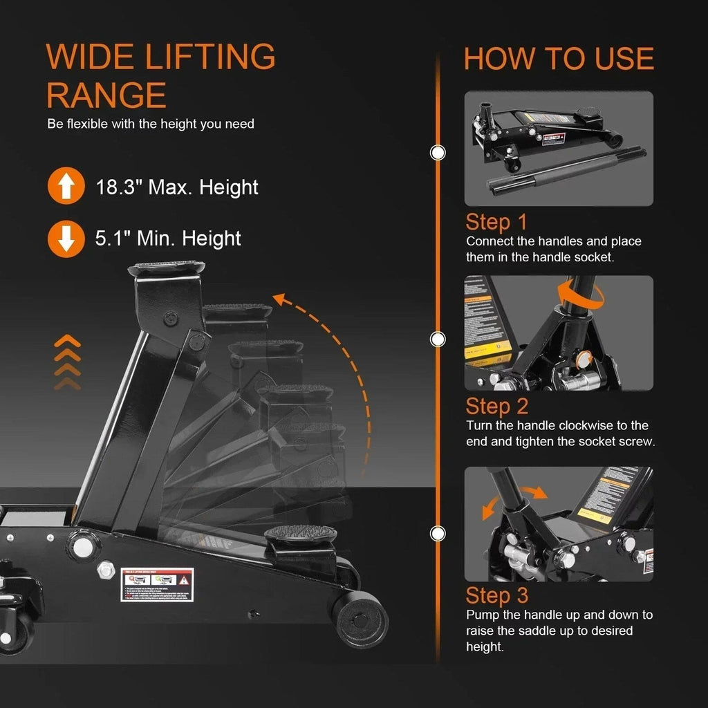 Heavy Duty Steel 3 Ton Hydraulic Floor Jack, Black - W8303-B
