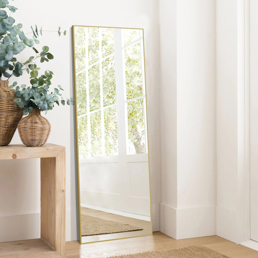 Full-Length Floor Mirror 64x21, Aluminum Alloy Frame With Stand And Wall Mount Option