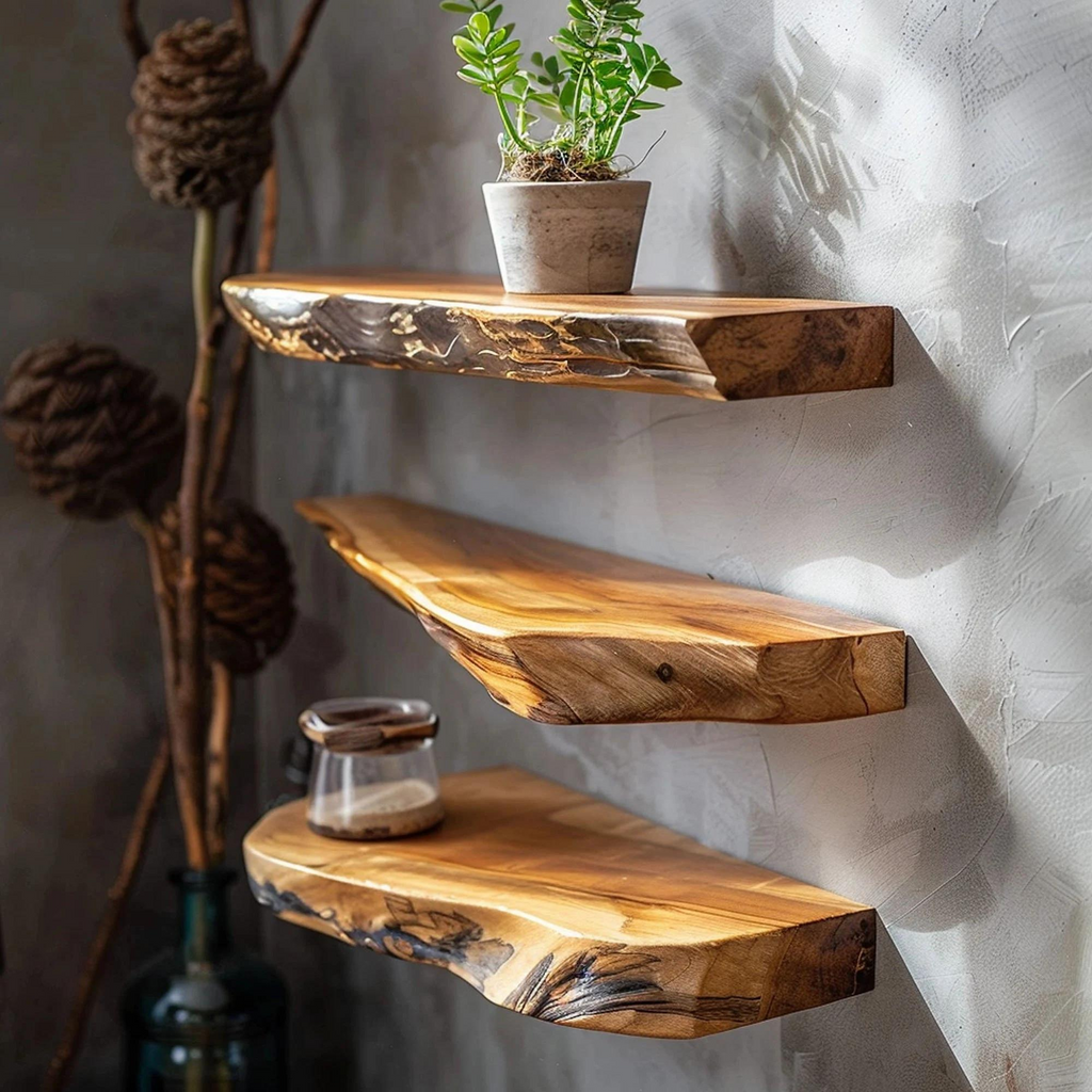 Custom Live Edge Floating Shelf, Dark Brown Wood Wall Shelf