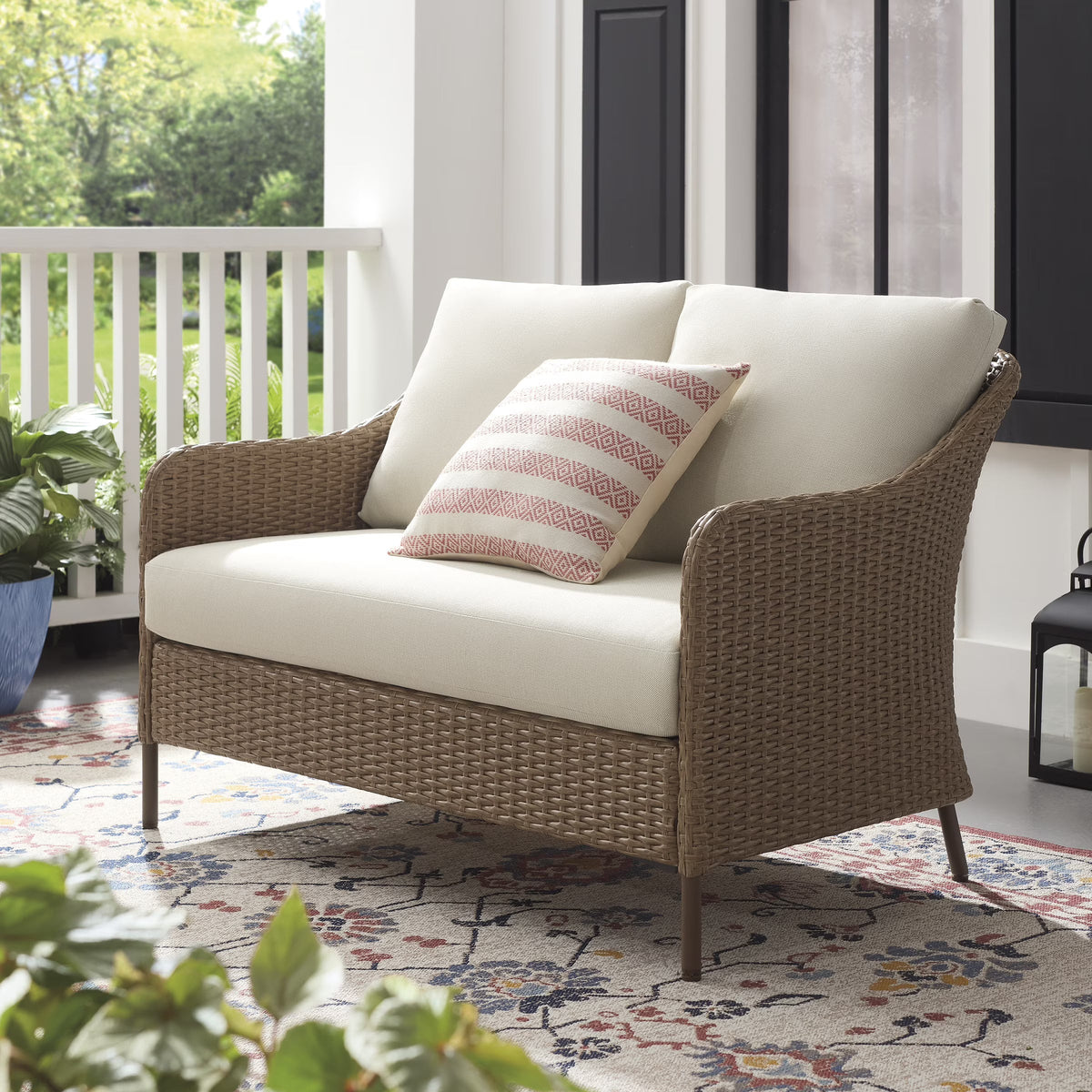 Mainstays Outdoor Patio Loveseat, Hand-Woven Wicker, 29.13in D x 46.25in W x 30.3in H - Chelsea
