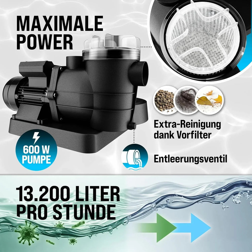 MONZANA Pool Sand Filter System 13.200L/h, 58.000L Pool, 600W, 30L Tank, 32-38mm Adapter - SF110K