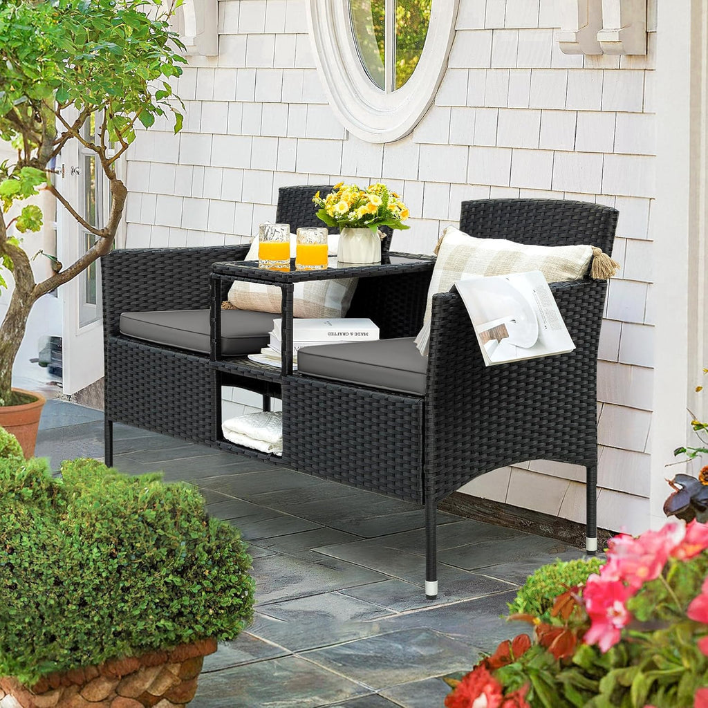 Flamaker Outdoor Wicker Patio Loveseat With Built-In Table And Cushions, Beige - 49.2 x 21.3 x 30.9 in