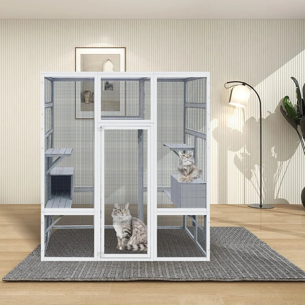 Wooden Outdoor Cat House With 7 Platforms, 2 Rest Boxes And Rainproof Roof - White 62.6-inch Model